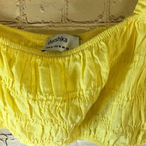 Bershka Yellow Longsleeve Pintuck Cropped Off Shoulder Cottagecore Size Small - Picture 3 of 6